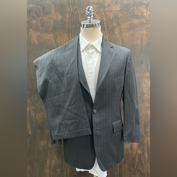 Polo by Ralph Lauren Made in USA Vintage Gray Pin Stripe 3-Button Wool Suit 38 R - Picture 1 of 16